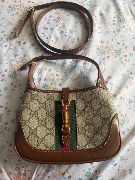 Gucci Handbags - Gucci Beige GG Canvas Shoulder Bag with Brown Leather and Green-Red Web